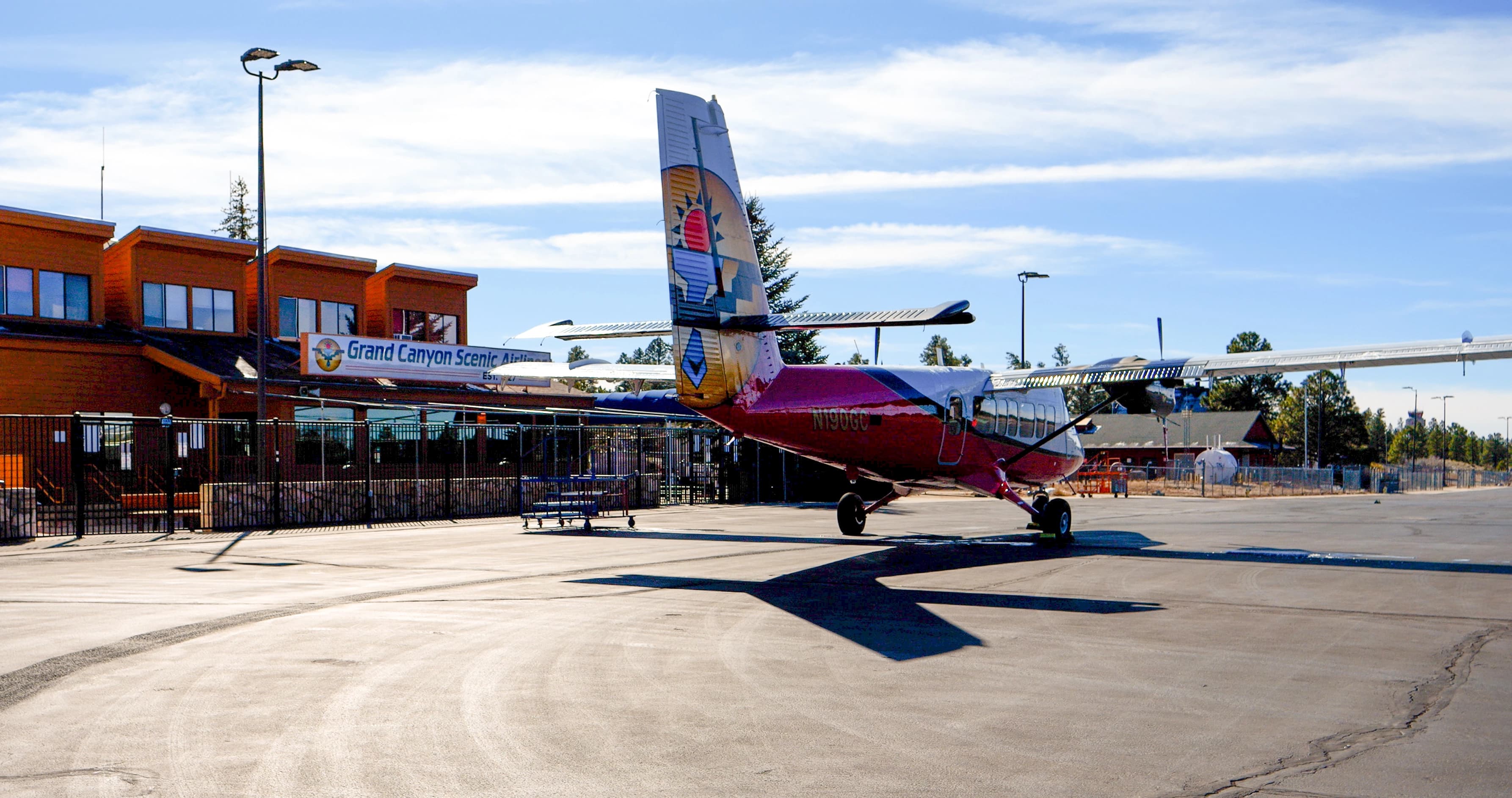 Aerial view of South Rim airport with snow and planes